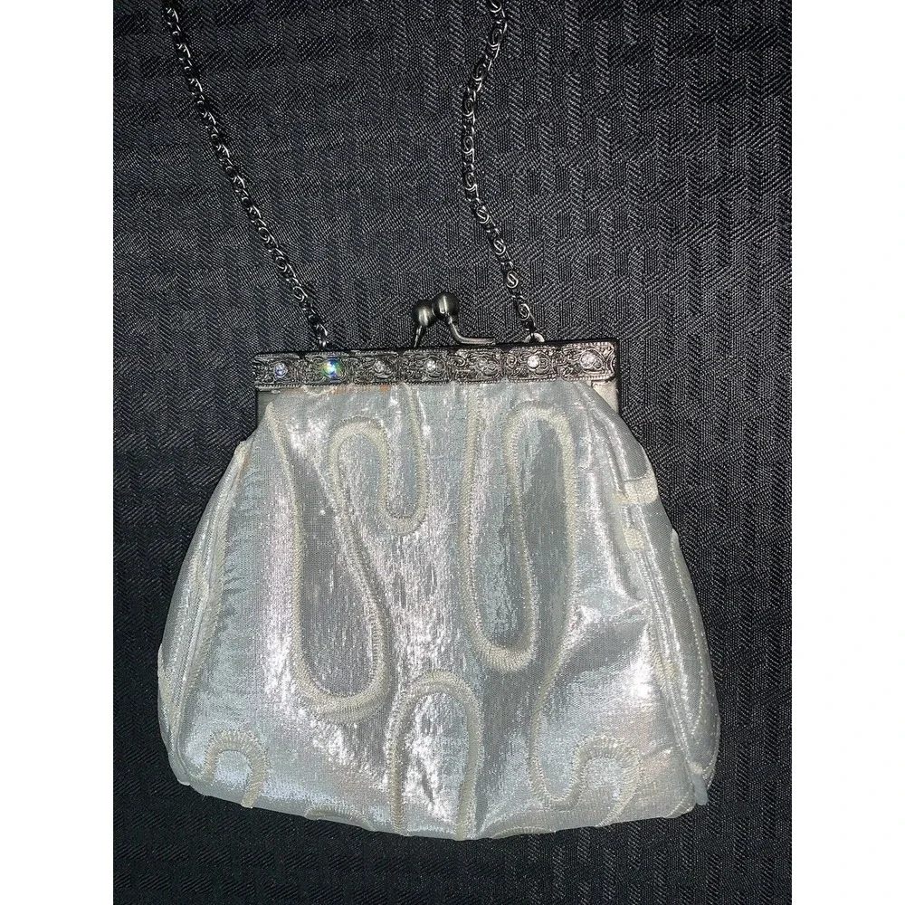 Purse Evening Bag Vintage Silver Embroidered Rhinestones Prom Wedding Formal - Picture 11 of 16